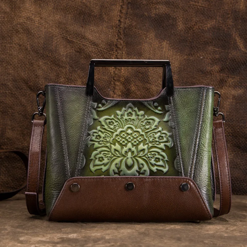 Norbinus женская сумка через плечо из натуральной кожи в китайском стиле, винтажная Сумка-тоут из воловьей кожи, сумки-мессенджеры с ручками сверху - Цвет: Green