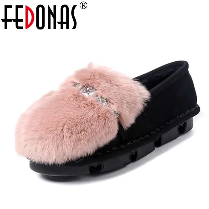 

FEDONAS Fashion Women Rhinestone Autumn Winter Flat Shoes Woman Warm Loafers Plush Inside Snow Shoes Rabbit Fur Casual Shoes