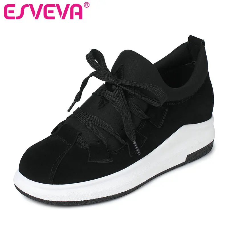 

ESVEVA 2018 Wedges Med Heel Women Pumps cow suede+Lycra Lace Up Fashion Shoes for Spring Autumn Women Casual Shoes Size 34-39