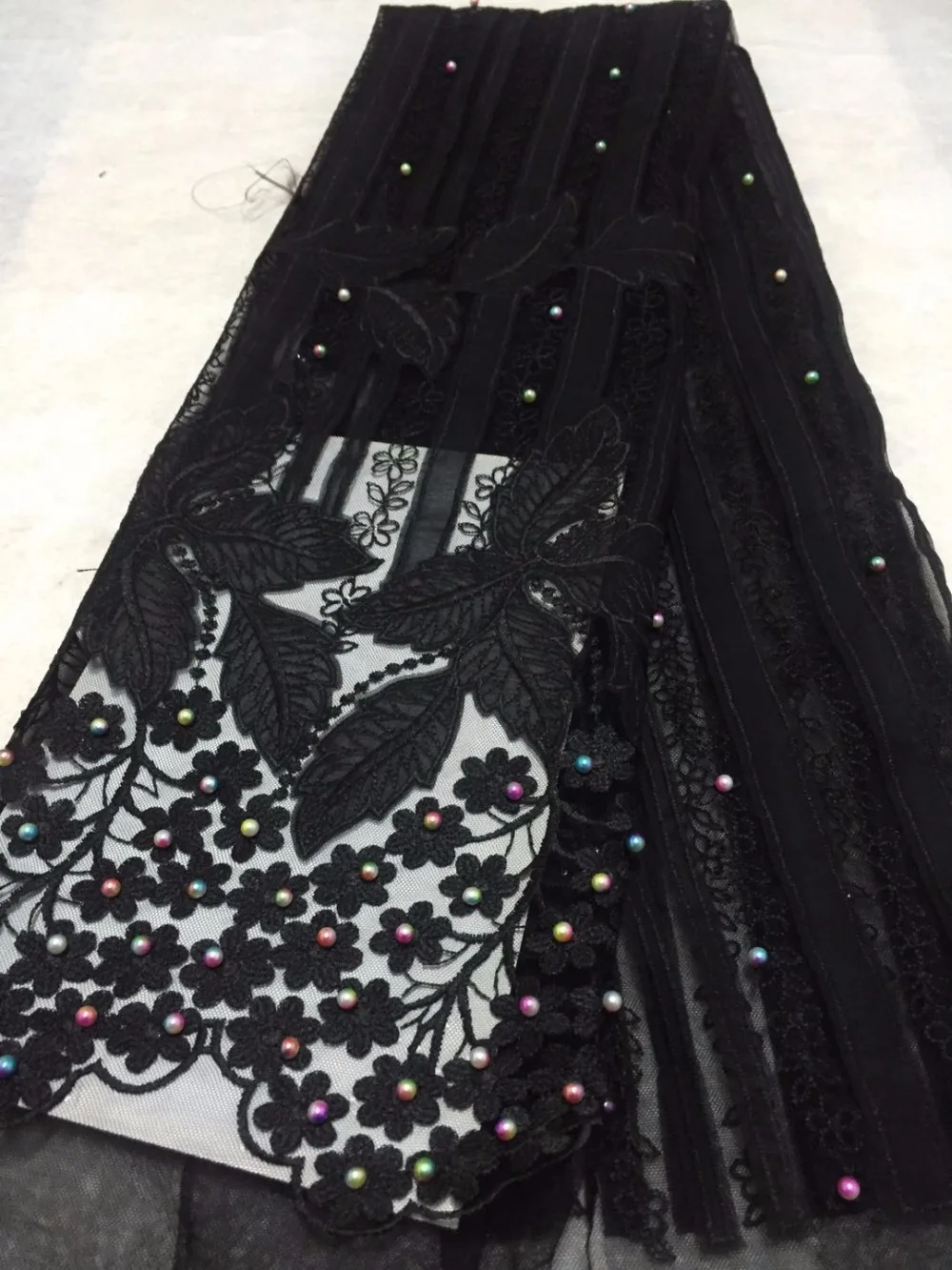 

black 2018 Latest African French Lace Fabric High Quality African Tulle Lace with pearls Fabric For Wedding in White Color