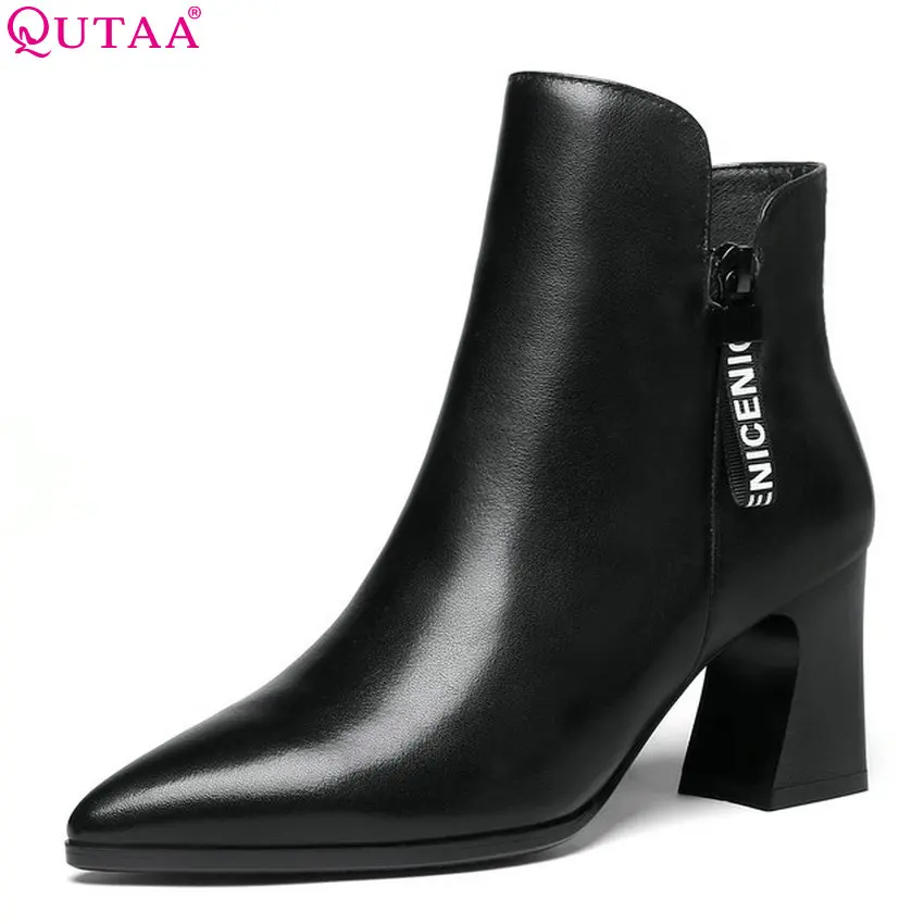 

QUTAA 2019 Women Motorcycle Boots Fashion Genuine Leather Platform Square High Heel Winter Shoes Women Boots Big Size 34-42