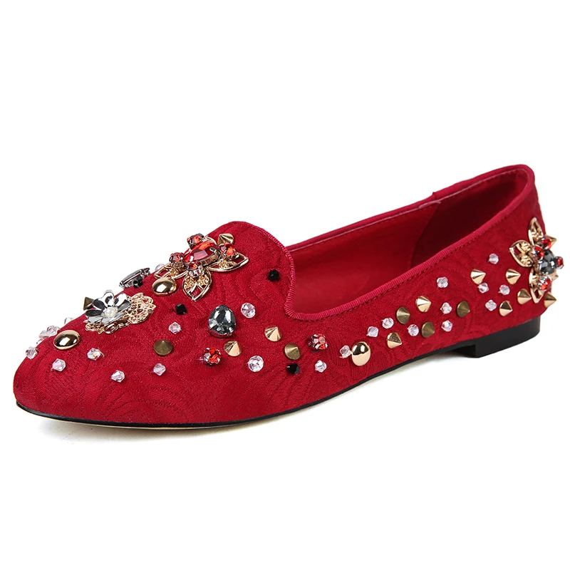 COOFU Bling Женщины jewel кристалл-embellished silk балетки Указал Квартиры Обувь Женщина