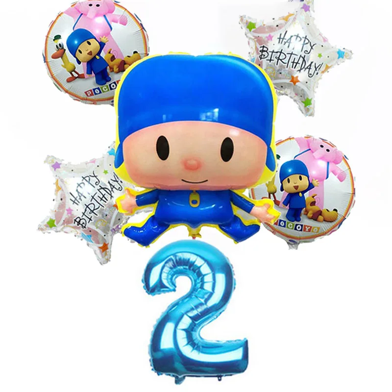 6pcs/lot Pocoyo Number Foil Balloons Set Baby Shower Birthday Party Christening Decor Supplies Kids Cartoon Figure Toys Globos