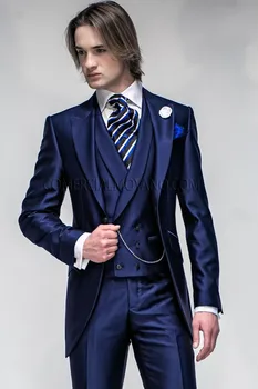 

New Arrival Groom Tuxedo Navy Blue Groomsmen Peak Lapel Wedding/Dinner Suits Best Man Bridegroom (Jacket+Pants+Tie+Vest)B365
