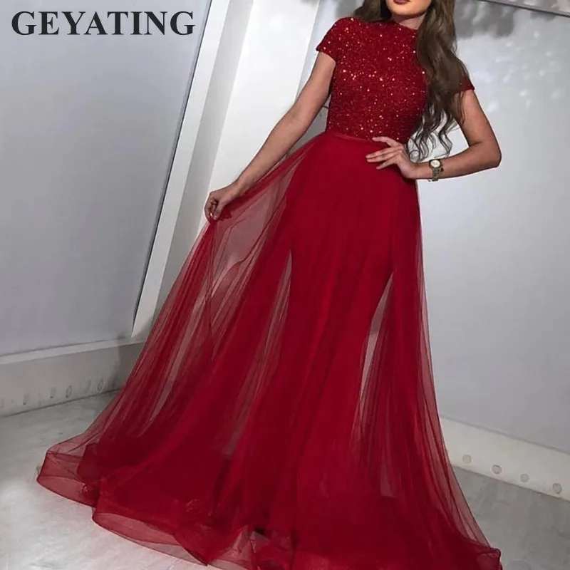 

Dubai Wine Red Mermaid Long Evening Dresses 2019 Luxury Beaded Crystal Short Sleeves Arabic Evening Gowns Overskirt Prom Dress