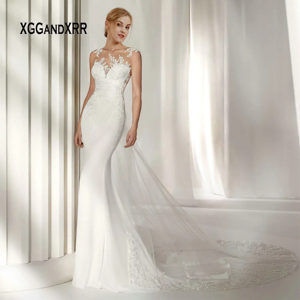 

Romantic Mermaid Wedding Dress Veil Train Long Bridal Gown Tank Sleeveless lace Applique vestido de noiva gelinlik Plus Size