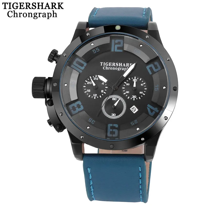 

TIGERSHARK Men Sports Watches Top Brand Chronograph Quartz Watch Leather Strap 30M Waterproof Wristwatches With Box