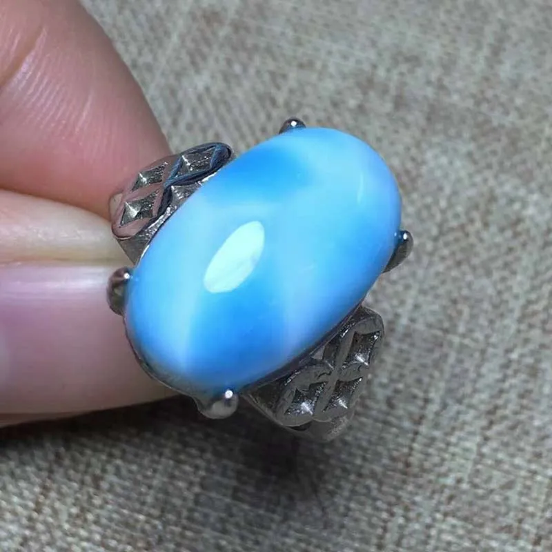 

KUIJIA Natural Larimar Ring S925 silver inlay Copper Pectolite size16*10mm The ring can be adjusted freely