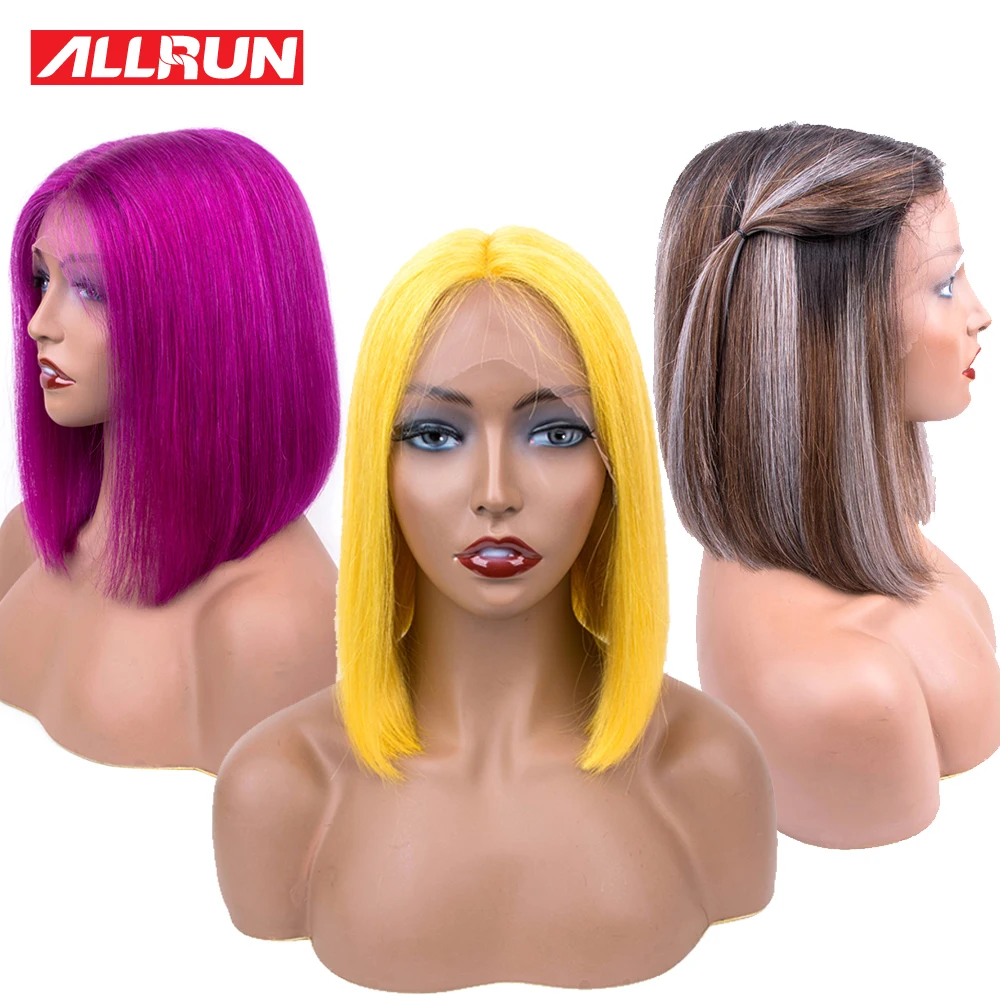 Фиолетовый/желтый блонд кружевной передний парик человеческих волос предварительно цветной короткий боб парики Remy Малайзия Прозрачный