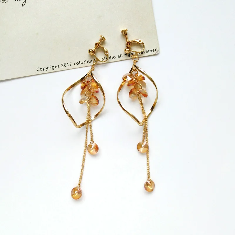 

Hollowed out Water Drop Shape Tassel Line Thread Long Clips Earring No Pierced Crystal Stone Bead Cips on Earrings No Ears Hole