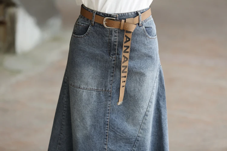 Для женщин джинсы юбка DONGDONGTA 2019 новый летний Высокая Талия Джинсовая юбка SS-65-8133 до середины икры Длина плюс Размеры Винтаж Женская юбка