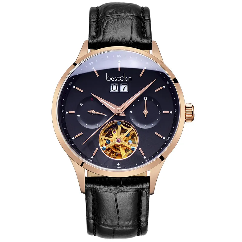 Bestdon швейцарские автоматические часы мужские механические водонепроницаемые часы с скелетом модные полностью стальные светящиеся наручные часы с датой пилота - Цвет: Rose-black-Leather