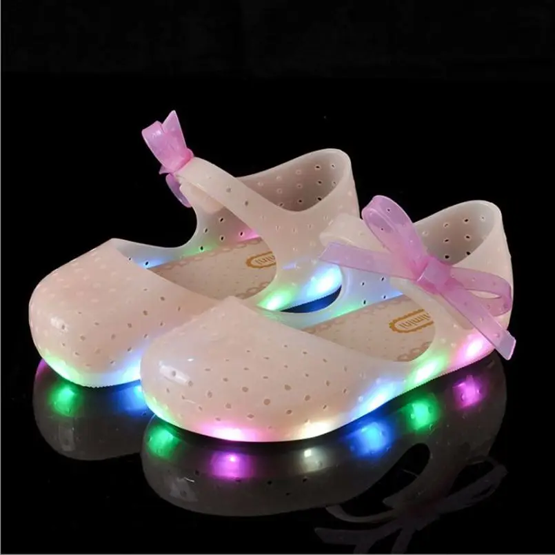 Светодиодный свет сандалии для девочек бантом дети принцесса обувь светодиодный вспышка светящиеся детские сандалии для малыша в стиле «Мэри Джейн», белые и черные кроссовки со шнурками - Цвет: Clear