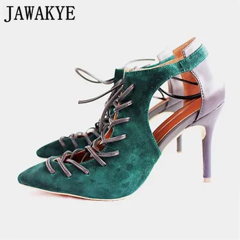 

Spring pointed toe lace-up pumps Women shallow suede cross tied high heels shoes woman dark green leather hollow out stilletos