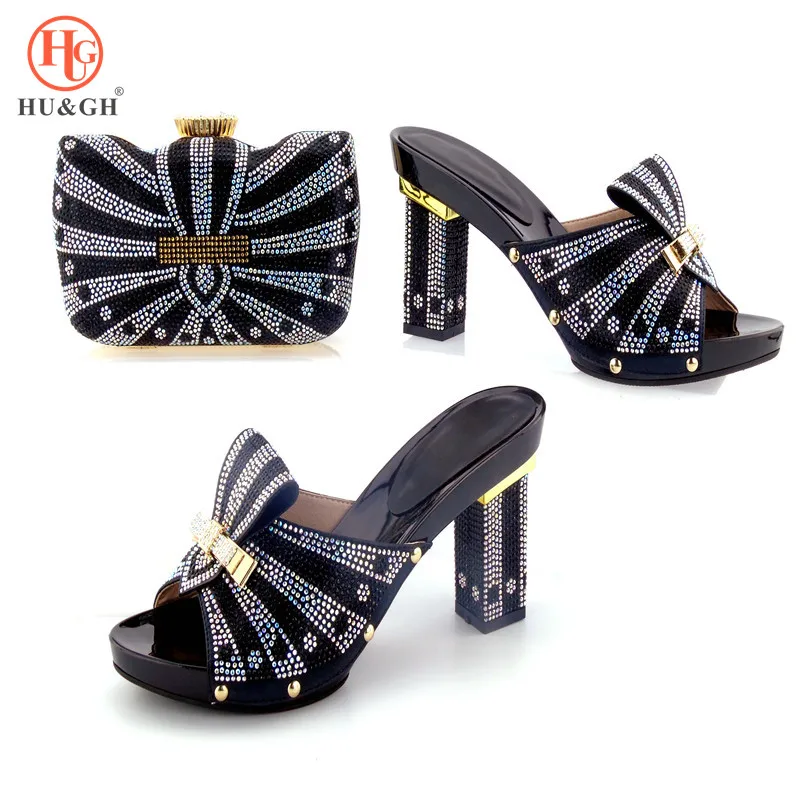 

New Black African Shoes and Matching Bags Italian Women Shoes and Bag Set Ladies Italian Shoes and Bag Decorated with Rhinestone