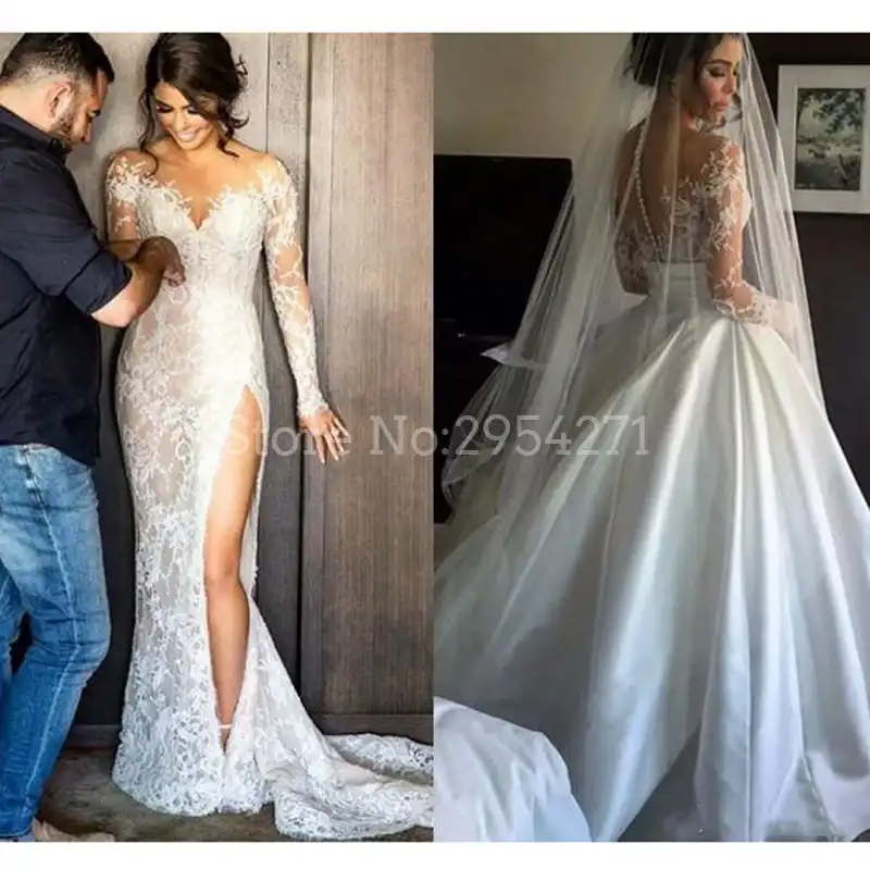 Uinque Desmontable Vestidos De Novia Con Falda Sirena De Manga Larga De Cuello Transparente Top De Encaje Sexy Alta Split Vestido De Novia Sweep Train Falda Desmontable Falda Desmontable Vestido De Bodavestidos De Novia