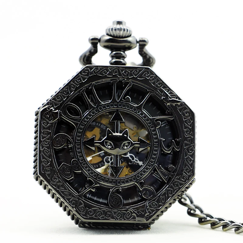 

Luxury Fashion Antique&Vintage Automatic Mechanical Pocket Watch Black Cool Stylish Carving Fob Clock Retro Pendant PJX1145