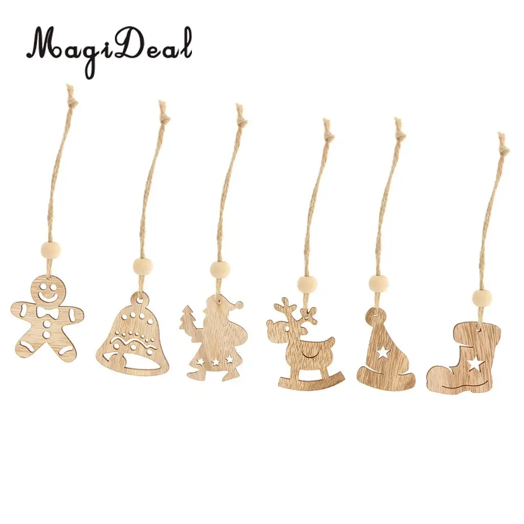 MagiDeal Excellent 6Pcs/Lot Differ Shape Wooden Christmas Tree Home Party Decorations for Xmas Hanging Ornaments Craft Projects