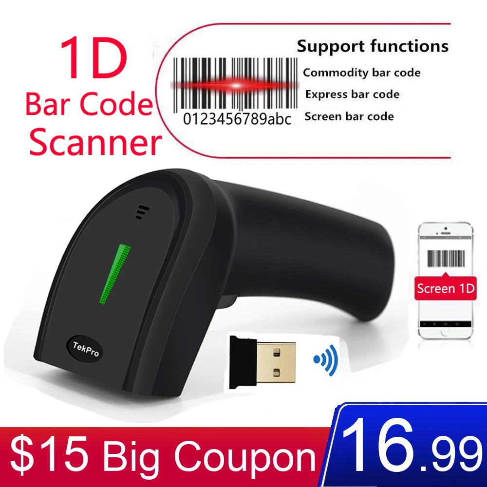 

TekPro Wireless 1D Barcode Scanner Computer Screen Mobile Payment 1D Wireless Bar Code Reader