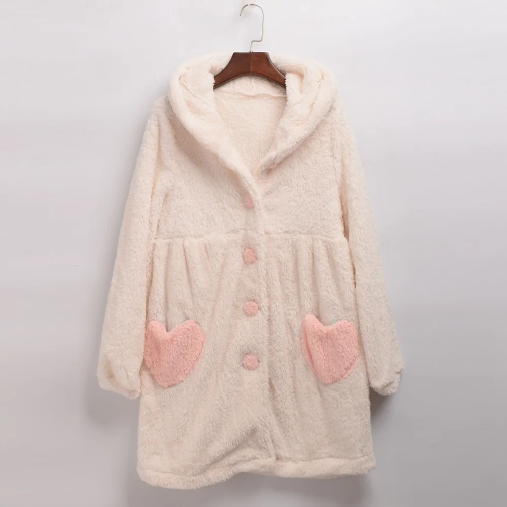 

Women Sweet Rabbit Ears Homewear Heart Pocket Soft Fleece Robe Winter Sleep Dress Kawaii Nightgown Pink/White
