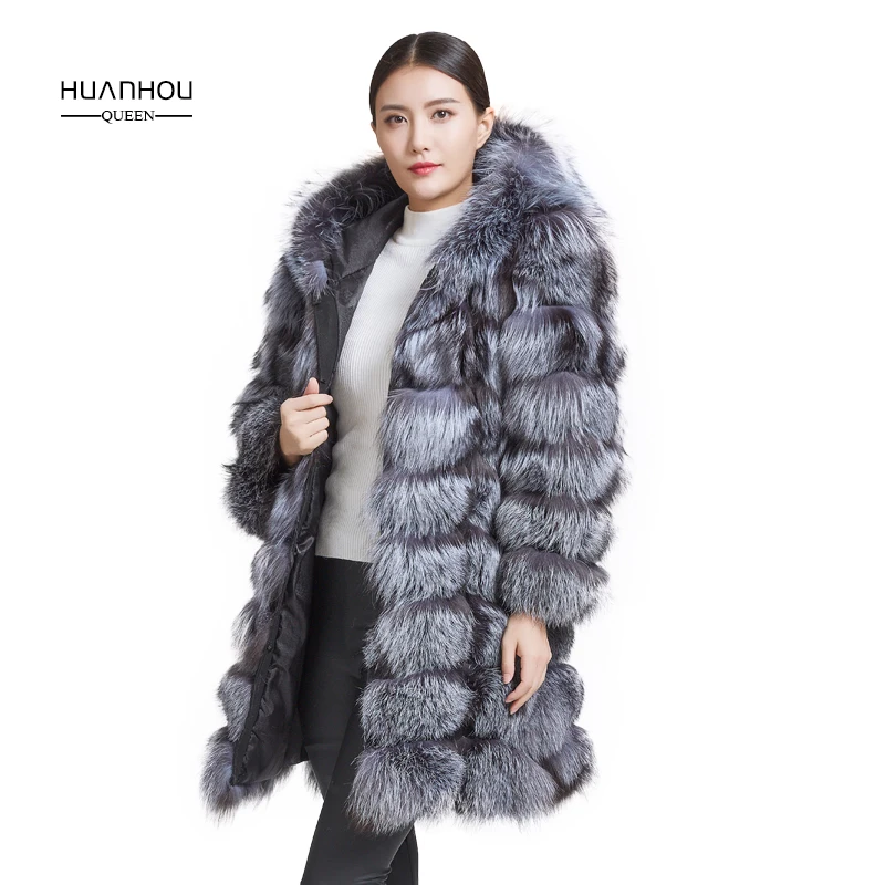 Королева huanhou настоящая шуба из серебристой лисы с капюшоном, Модное теплое длинное пальто из лисьего меха, Женское зимнее пальто