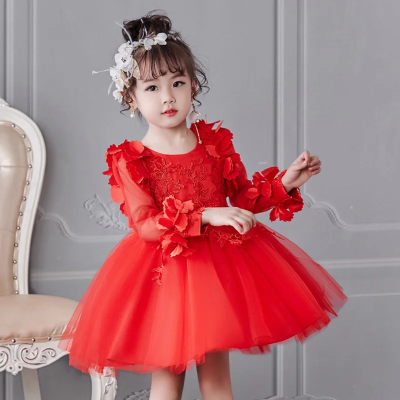 Популярные платья для девочек; праздничное платье принцессы с длинными рукавами; Сетчатое платье с цветочным узором для первого причастия; одежда для детей; костюм для малышей - Цвет: red