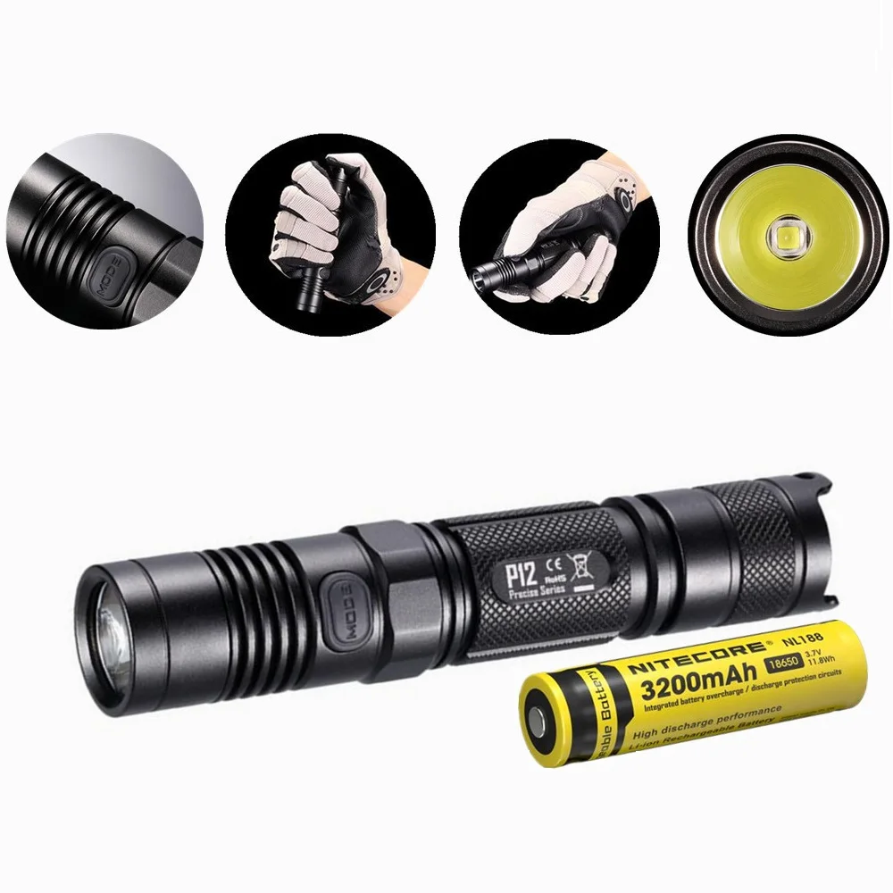 Nitecore P12 Tactical Flashlight with Nitecore NL188 18650 3200mah font b battery b font XM L2