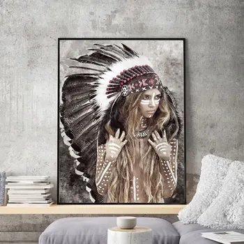 

Cherokee Girl Portrait Canvas Painting American indians Feather Figure Painting Modern Wall Pictures For Living Room Home Decor