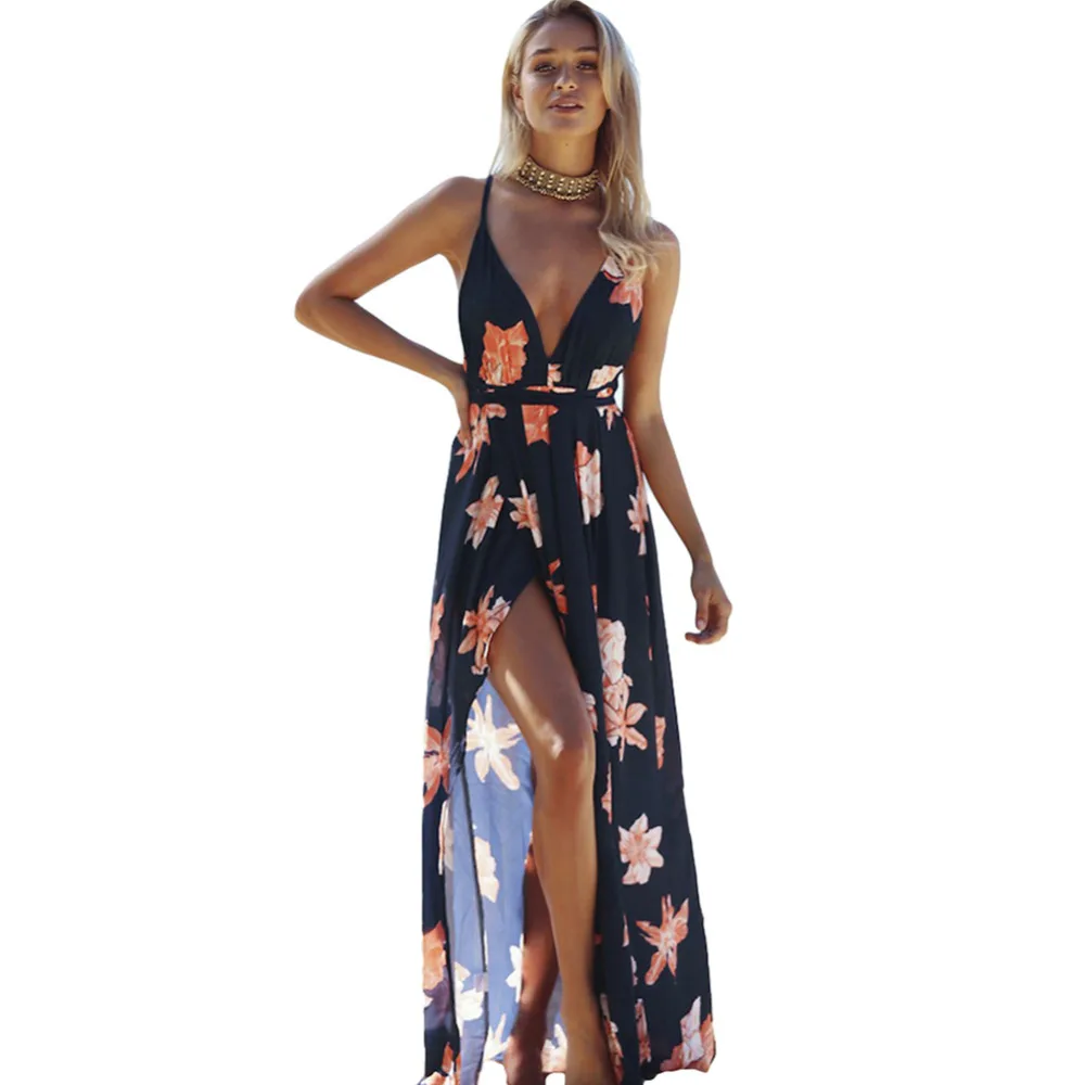 

Anself Sexy Long Summer Dress Women Floral Print Deep V Split Bandage Backless Maxi Beach Dress Dark Blue Bohemian Dress Robe