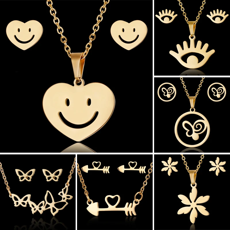 

RINHOO Flower Gold Color Stainless Steel Sets For Women Emoji Butterfly Fish Bone Necklace Earrings Jewelry Set Wedding Jewelry