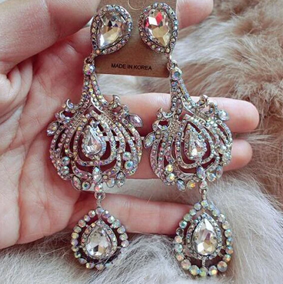 Free Shipping Luxurious Exaggerated Crystal Gem Full Rhinestones Long Dangle Earrings Fashion Jewelry Gifts for Women