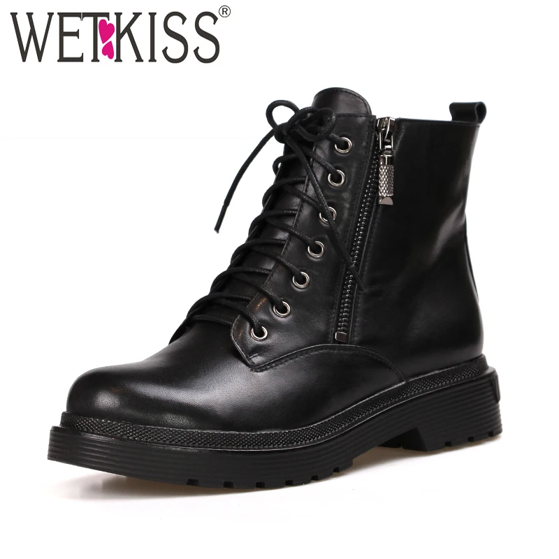 WETKISS Thick Heels Women Military Boots Round Toe Lace Up Bootie Fur Liner Female Shoes Lace Up Winter Cow Leather Footwear