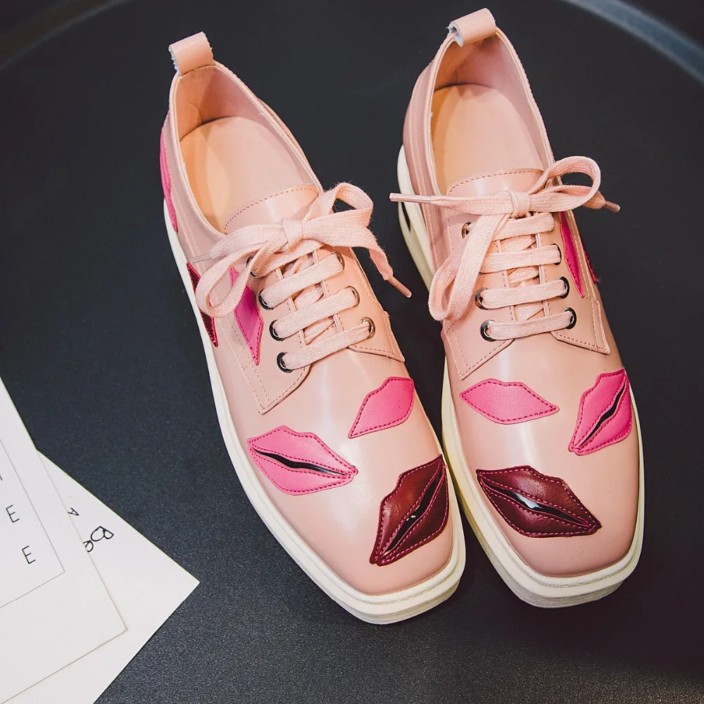 

Luxuries Brand New Women Oxfords,Square Toe lace Up Women Genuine Leather Shoes Lady Sexy Lips Wedge Platform Shoes Big Size 43