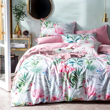 

60S High Quality long staple cotton Neo Boho Flamingo Duvet Cover Sets Tropical green plants pink Flamingo Girls Bedding Queen