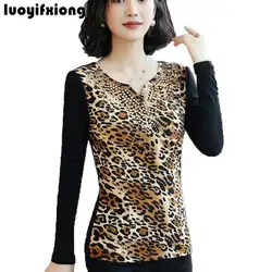 Luoyifxiong 2018 новые женские топы с леопардовым принтом бриллиантами блузка Для женщин с длинным рукавом Тонкий Для женщин рубашки плюс Размеры
