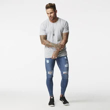 Blue ripped Jeans for Men Super Stretch Male Pant Distressed Fake Designer Brand men Jeans skinny fit Style Streetwear zm02
