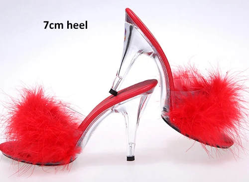 Прозрачные женские туфли-лодочки пикантные босоножки на высоком каблуке 10 см со стразами модные вечерние женские туфли-лодочки с перьями большие размеры 34–44 - Цвет: red 7cm heel