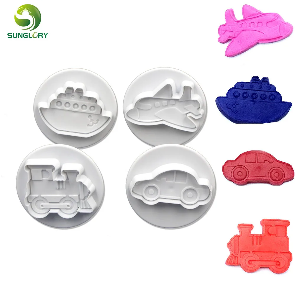 4PCS Plastic Car Plunger Cutter Cake Mold Plane Biscuit Decoration Fondant Train Vessel Cookie Baking Tools For | Дом и сад