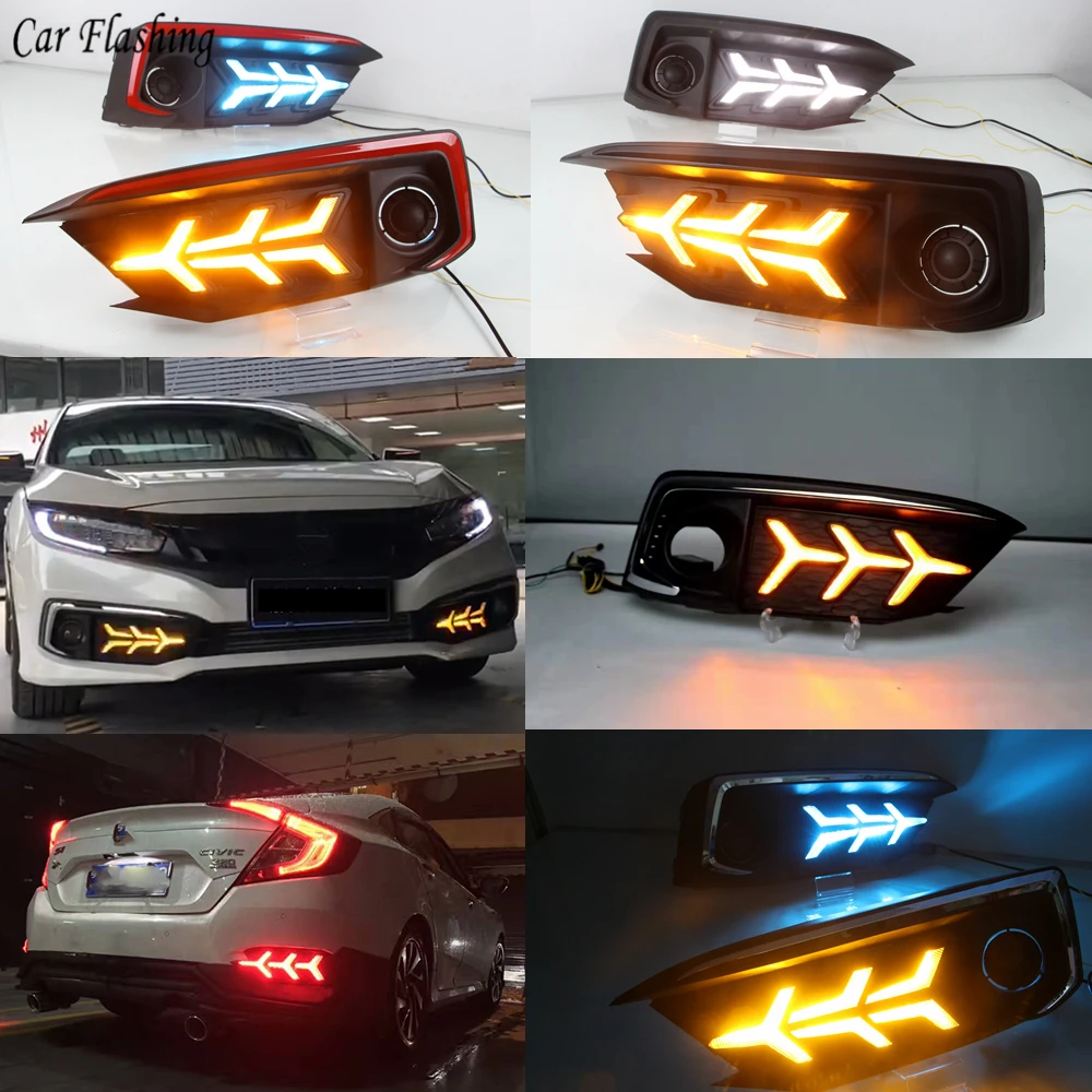 

2PCS LED DRL for Honda Civic 2019 2020 sedan with moving signal led fog lamp cover daytime running light with Fog Lamp hole