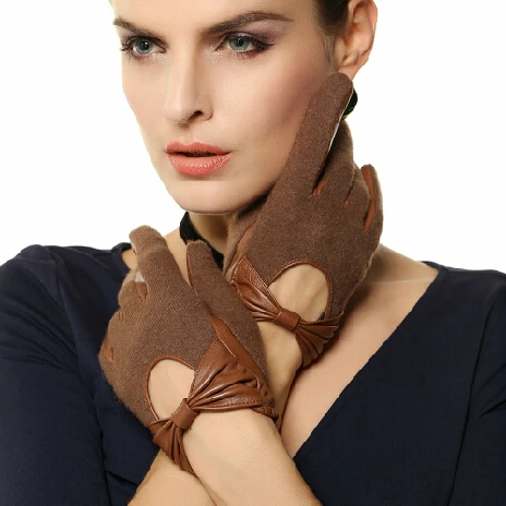 

NEW Women's Genuine Leather Gloves Fashion Patchwork Wool Glove Brown Black 1 Pair/lot Free Shipping