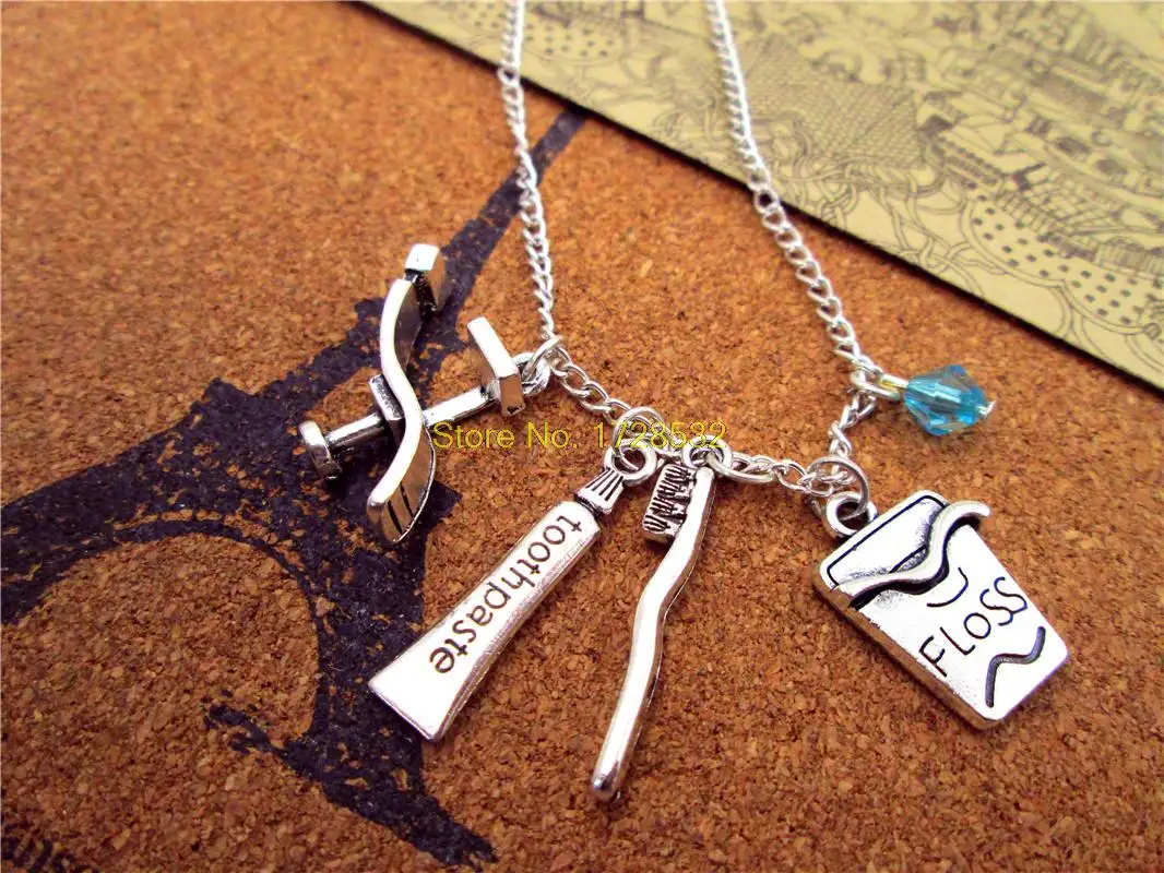 

fashion Dental Hygienist necklace Antique silver Dentist Chair /toothbrush/toothpaste /Dental Floss necklace