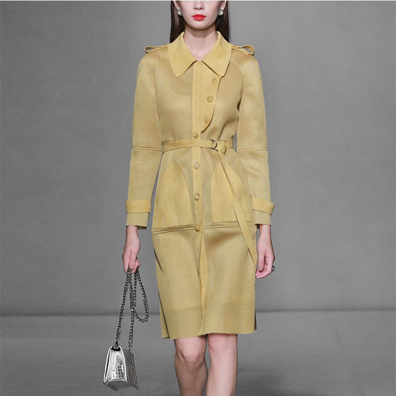 Manches Avec coat D'extérieur Vêtements Baissez Supérieure Longue Jaune Manteau 2019 Maille Trench Élégant Décontractés De Mode Complet Poches Collier Ceinture Qualité WxqBvXx