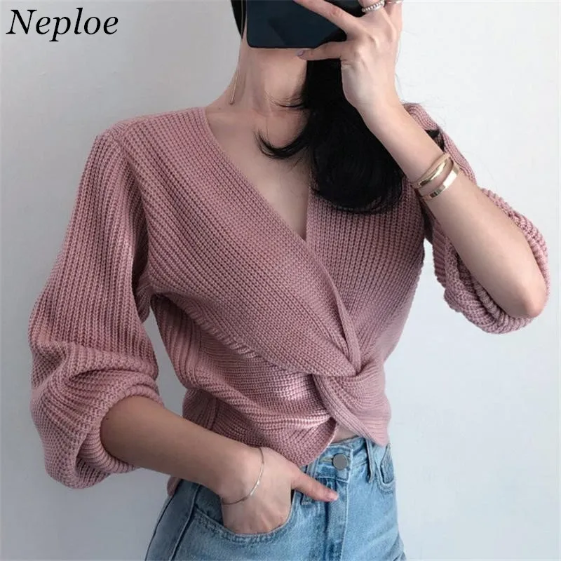 Neploe Korean Crossed Front Wrap Sweater Women Clothes 2018 Autumn Long Sleeve V Neck Knit 