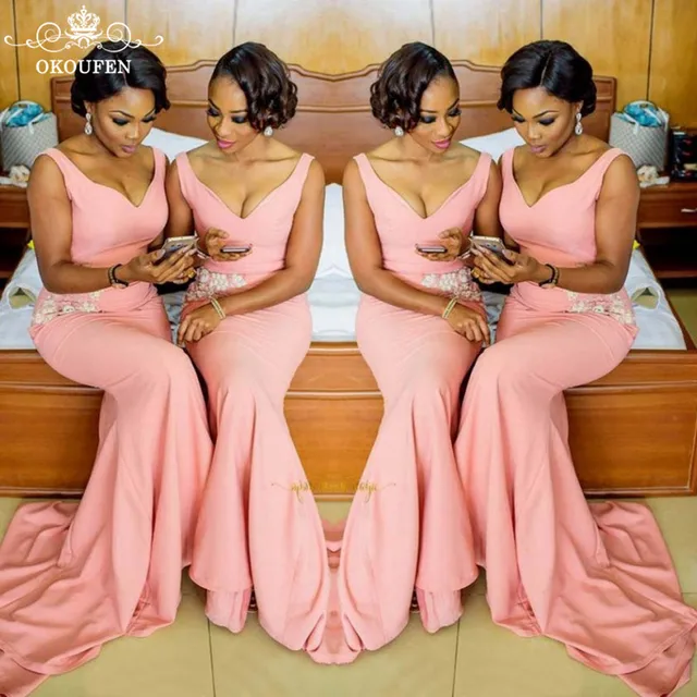 Best Price Pink Mermaid Bridesmaid Dresses With White Appliques Long Sweep Train Cheap Deep V Neck Maid Of Honor Dress Party For Women Best Price Pink Mermaid Bridesmaid Dresses With White Appliques Long Sweep Train Cheap Deep V Neck Maid Of Honor Dress Party For Women