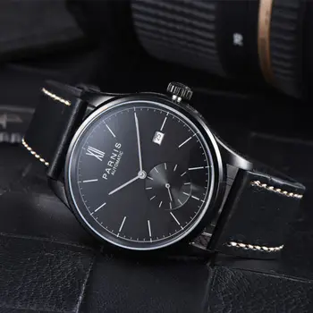 

42mm Parnis Black Dial ST Complete Calendar Luxury Brand leather strap PVD Coated Automatic Movement men's Watch