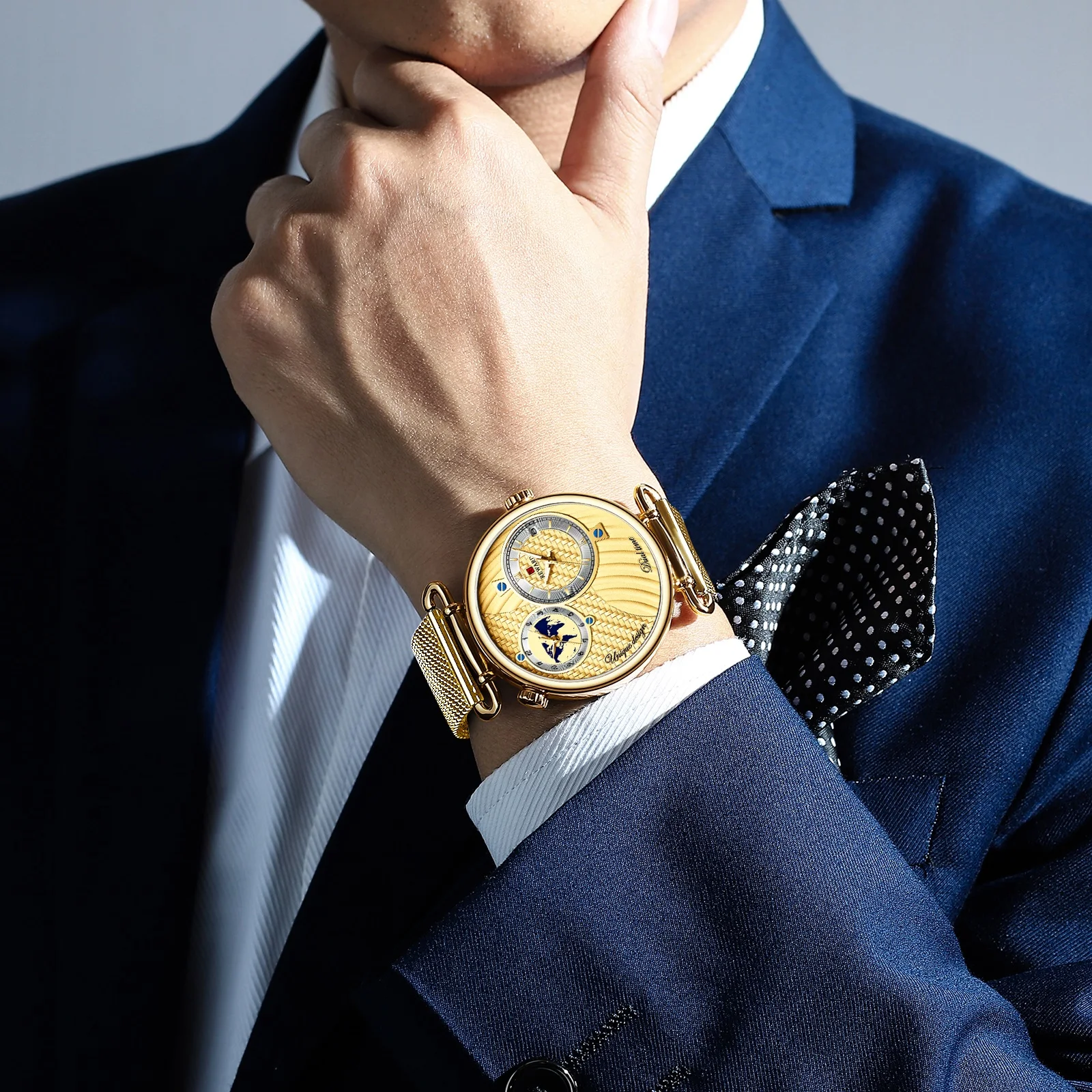 Наградные синие часы мужские унисекс кварцевые аналоговые часы с двойным календарем Мужские часы с сетчатым ремешком ультра тонкие деловые наручные часы