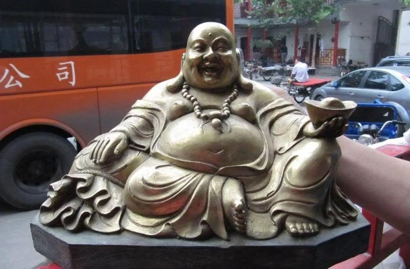 

9"Chinese Buddhism Folk Copper Bronze Lucky Happy Money Maitreya Buddha Statue