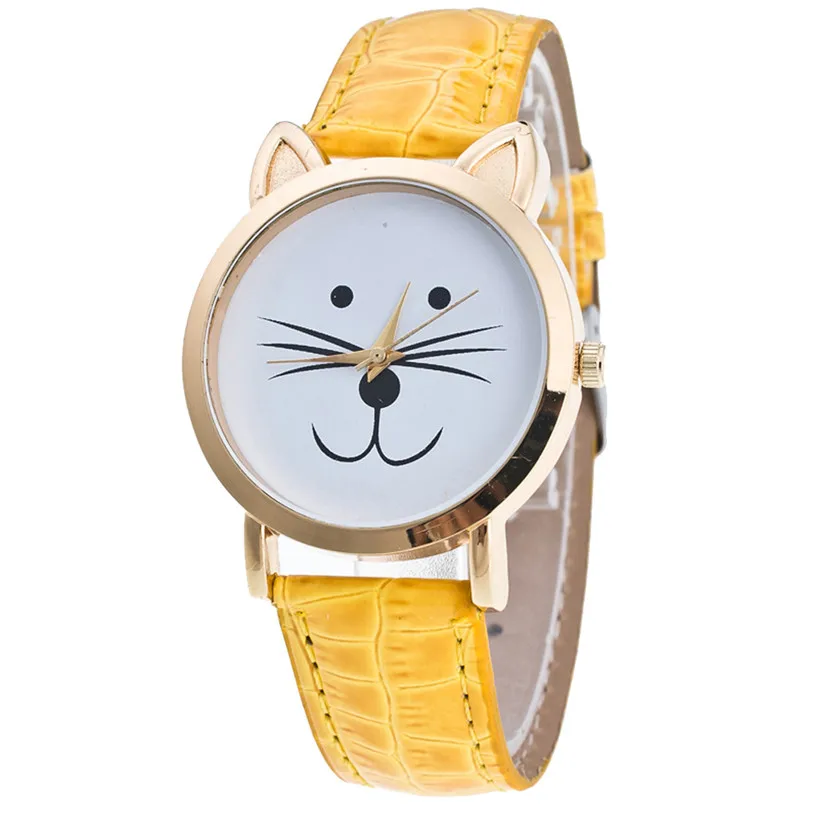 Кошачий лицевой узор Кожаный ремешок аналоговые кварцевые Vogue наручные часы в подарок relogio masculino Uhren relojes Fe20 - Цвет: Yellow