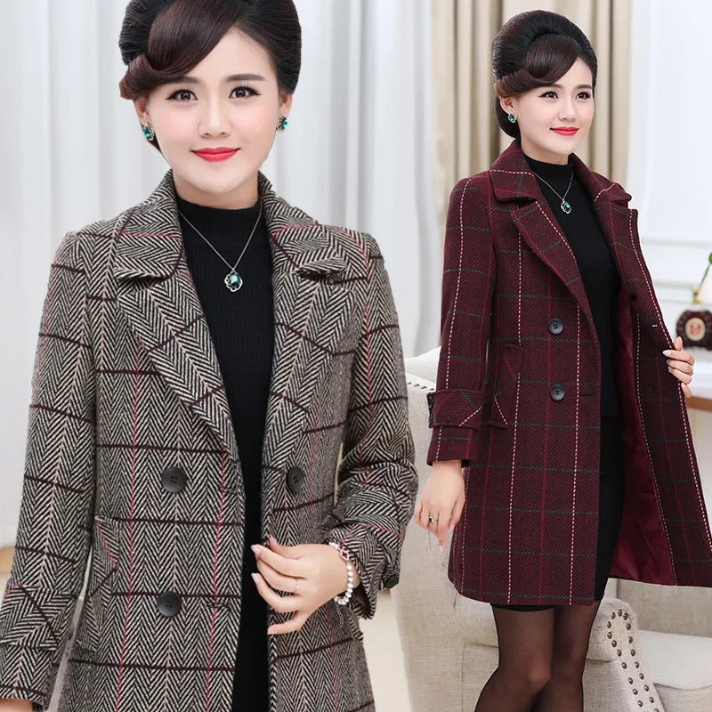 

Autumn and winter thickening new large size woolen coat Middle-aged women's fashion lattice warm woolen coat winter coat women