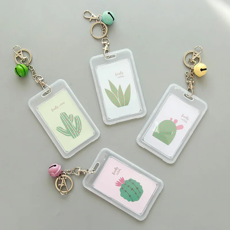 

Cute Cactus Card Holder with Bell Papelaria Name ID School Business Card Holder Kawaii Key Chain Bag Case Bus Card Protect Cover